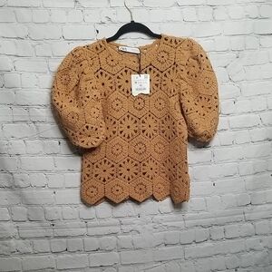 Zara Brown Crochet Puff Sleeve Sweater